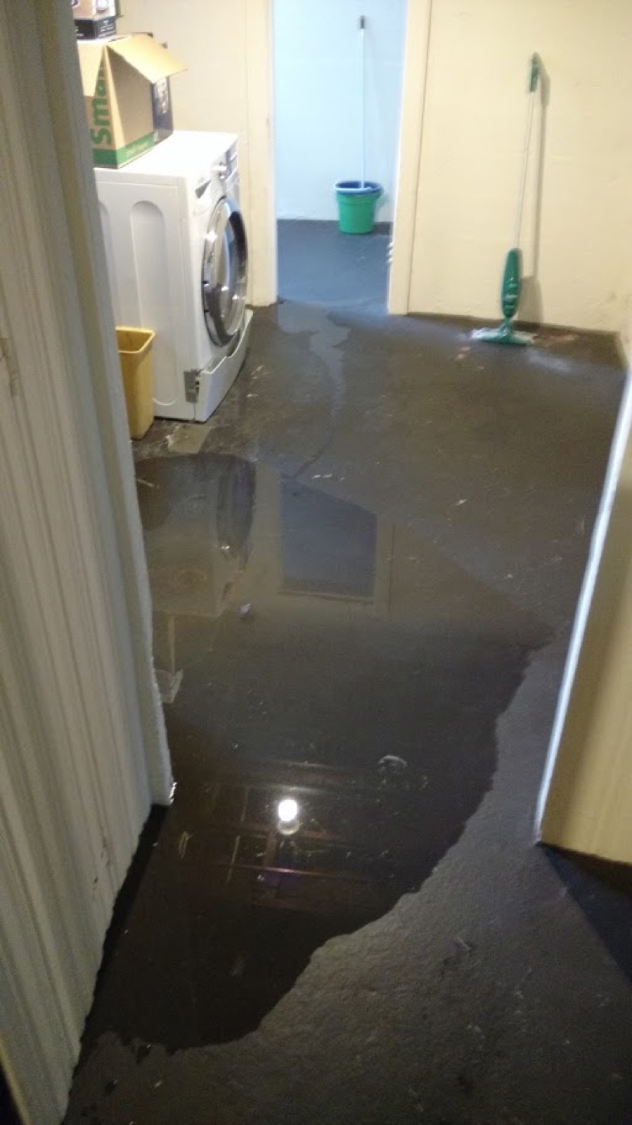 Standing water pooling on a flooded basement floor
