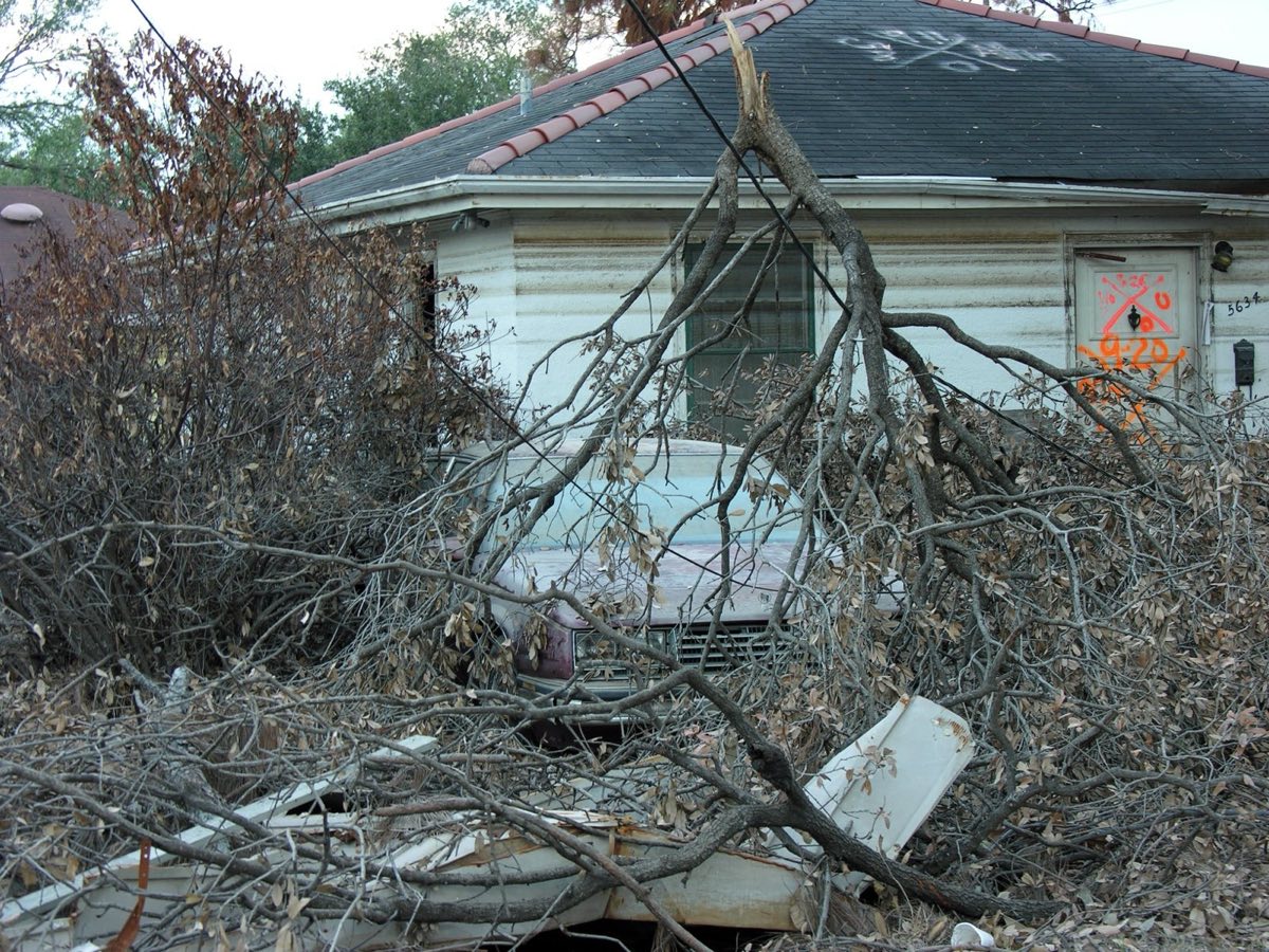 A flooded house interior with a visible high-water line marking how far floodwater reached inside the home