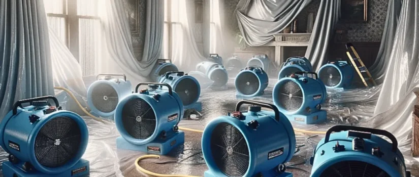 Flood Repair Tips - Industrial dehumidifiers and fans drying out a flooded area to prevent mold growth and further damage.