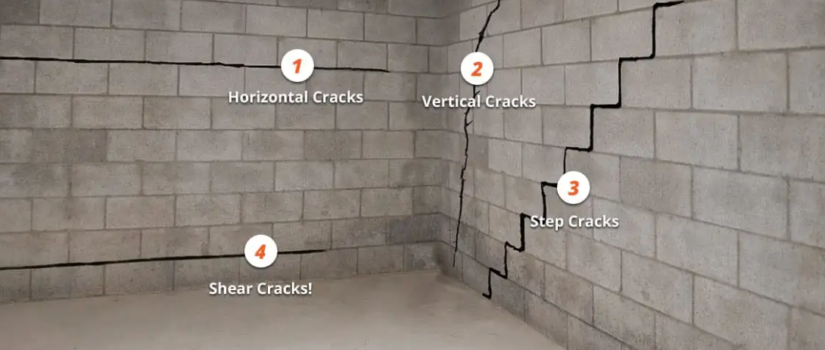 Flood Repair Tips - Inspecting a cracked foundation and damaged walls after a flood, highlighting structural issues.